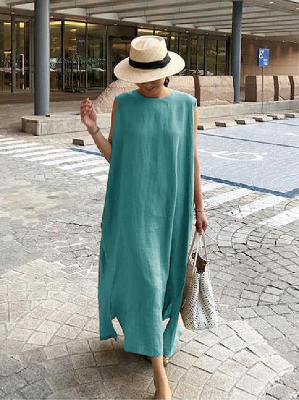Khaki Side-Open Linen Cotton Dress