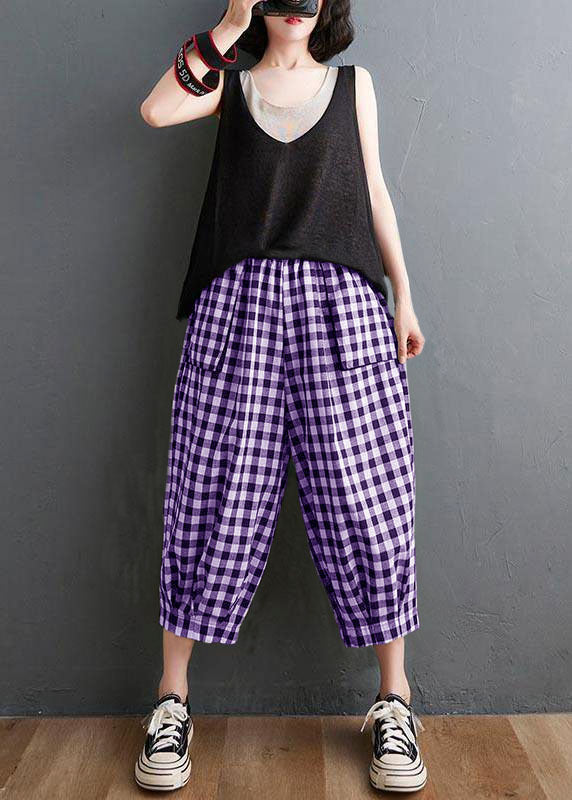 Plus Size Plaid Elastische Taille Lässige Haremshose Sommer Baumwolle Leinen