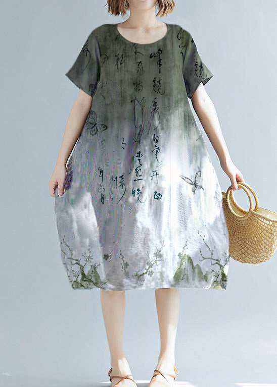 Simple tunics made of cotton-linen with white print, wild daily summer dress