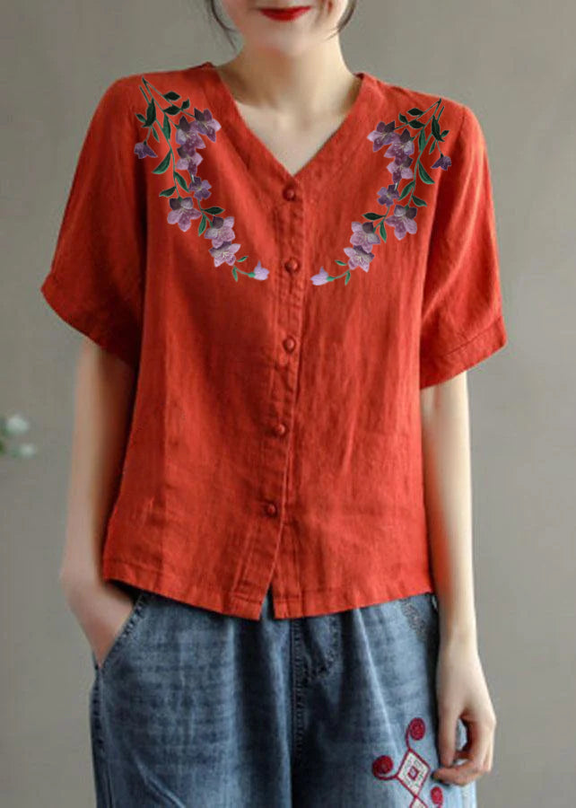Pink V-Neck Floral Linen Summer Shirt
