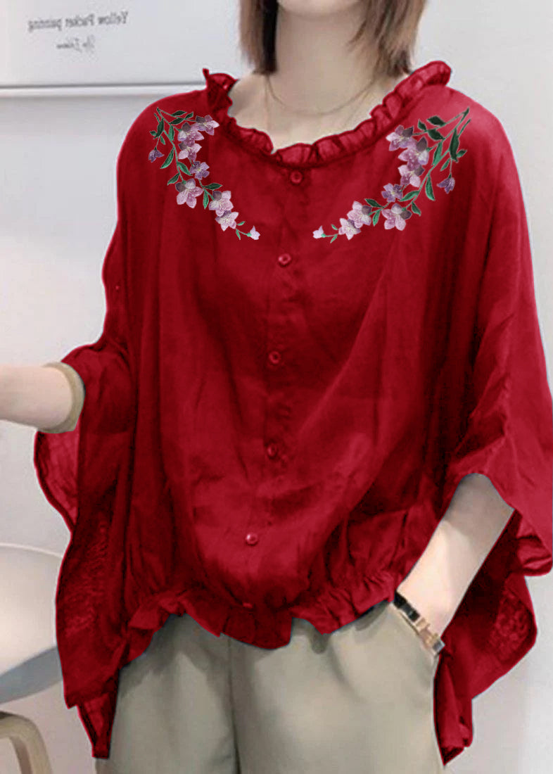 Art Navy Tops Ruffle Trim Half Sleeve Blouse Plus Size