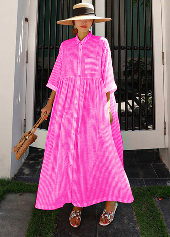 Bohemian Pink Peter Pan Collar, Striped Button Pockets, Pleated Long Dresses, Half Sleeves