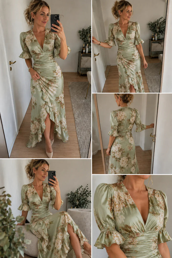 Lucía Asymmetrical Floral Satin Dress