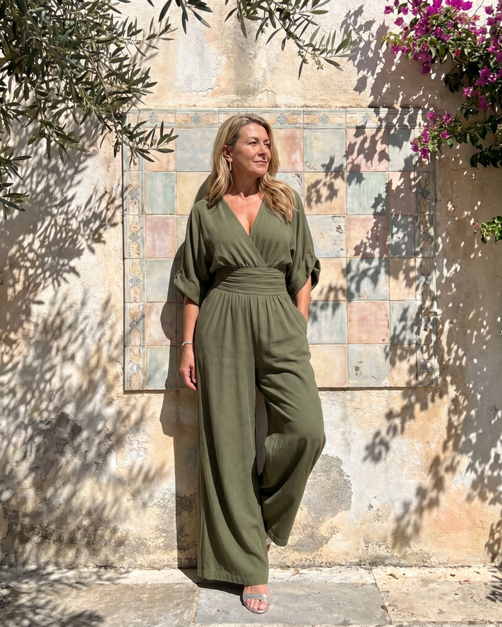 Emene | Draped V-Neck Wide-Leg Casual Jumpsuit