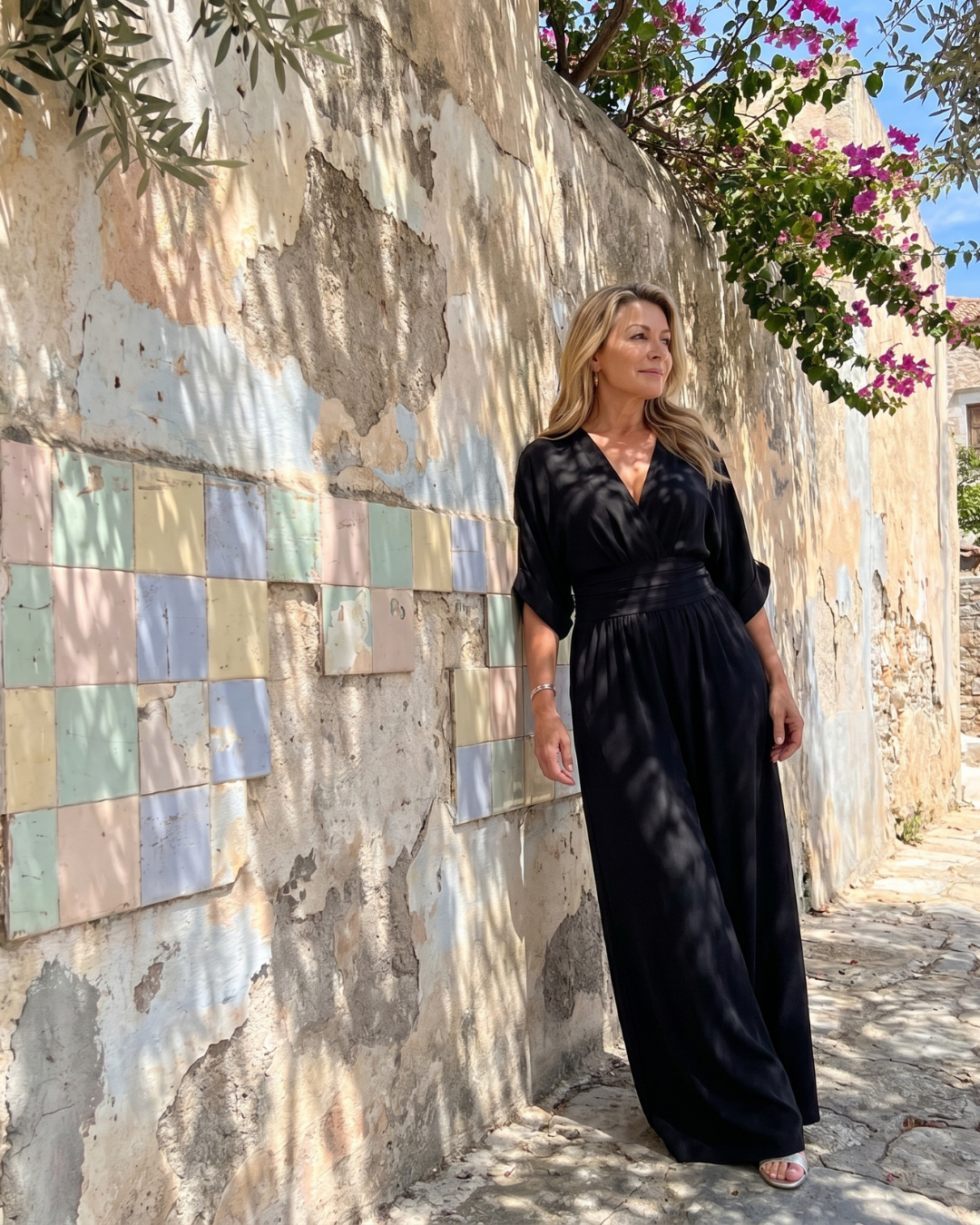 Emene | Draped V-Neck Wide-Leg Casual Jumpsuit
