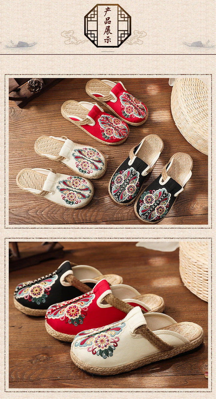 2025 Linen Floral Shoes Flip Flop Flats