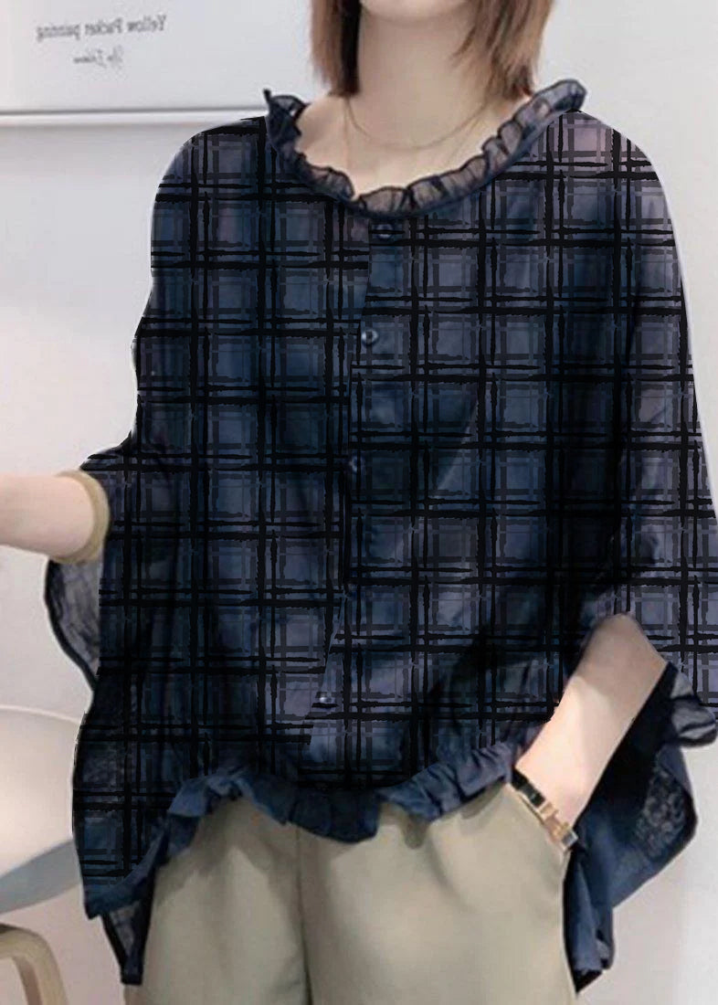 Art Navy Tops Ruffle Trim Half Sleeve Blouse Plus Size