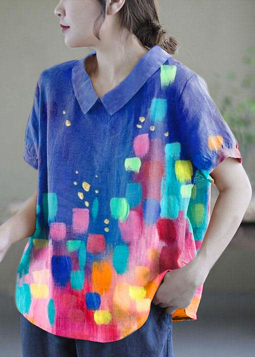 Women’s Pink Peter Pan Collar Patchwork Summer Ramie Shirts Short Sleeve