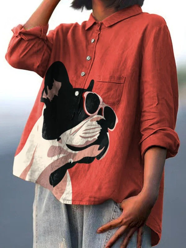 Samantha | Decorative Pattern of French Bulldog Print Blouse