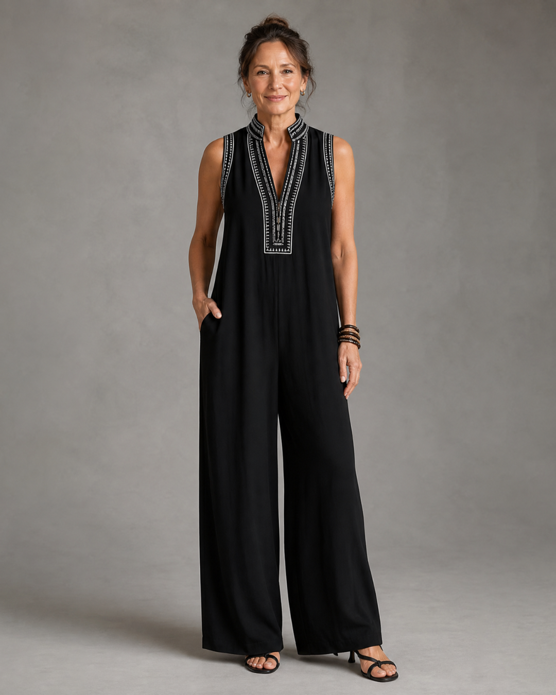 Velmira | Embroidered V-Neck Sleeveless Jumpsuit with Wide Leg