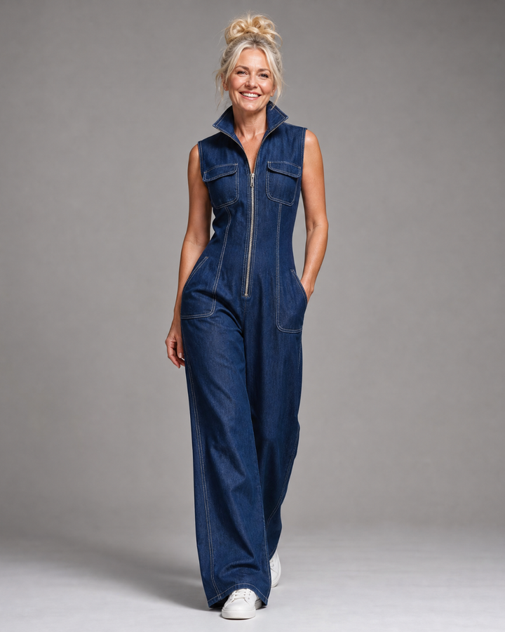 Samantha | Zipper Front Sleeveless Denim Wide-Leg Jumpsuit