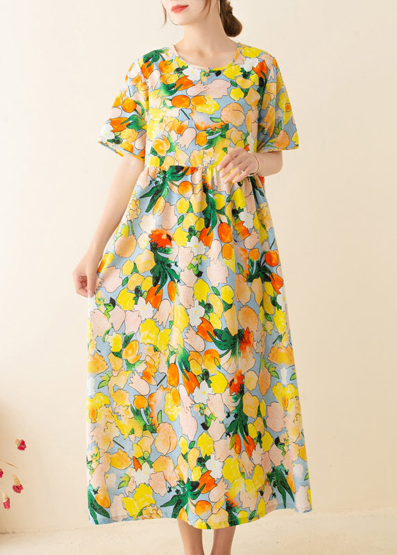 Yellow Print O-Neck Linen Tunic Dress