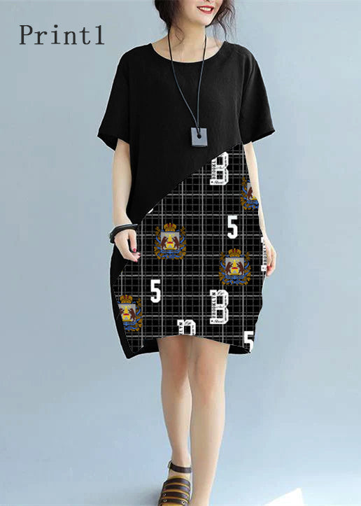Black Patchwork Linen Animal Print Dress
