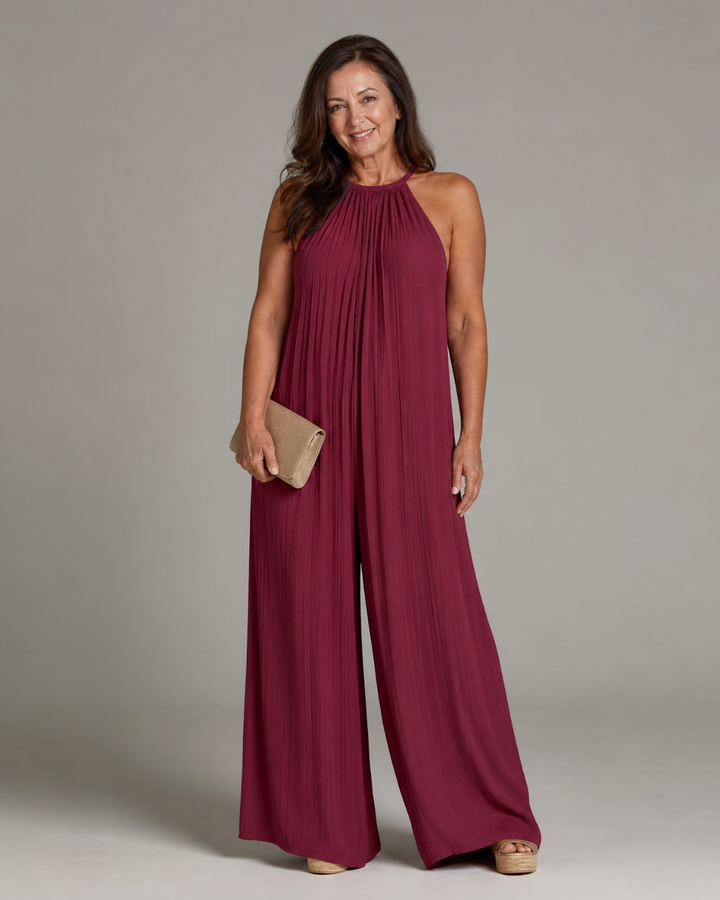 Sylvara | Pleated Halterneck Wide Leg Relaxed Jumpsuit