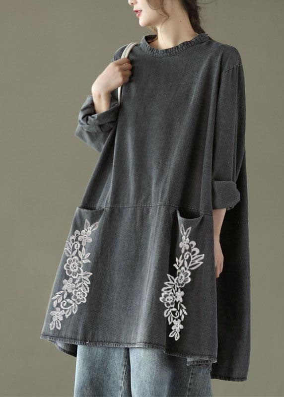Boho Black Gray O-Neck Pocket Denim Long Dresses Long Sleeve