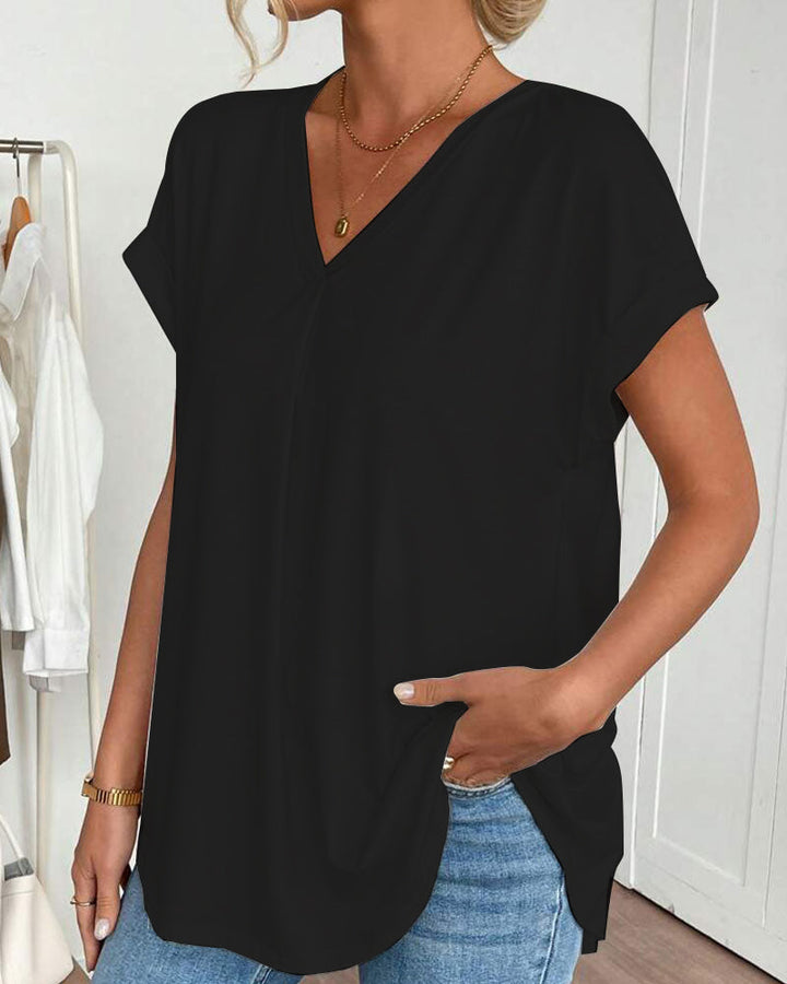 Vera Short Sleeve Patchwork T-Shirt with V-Neck