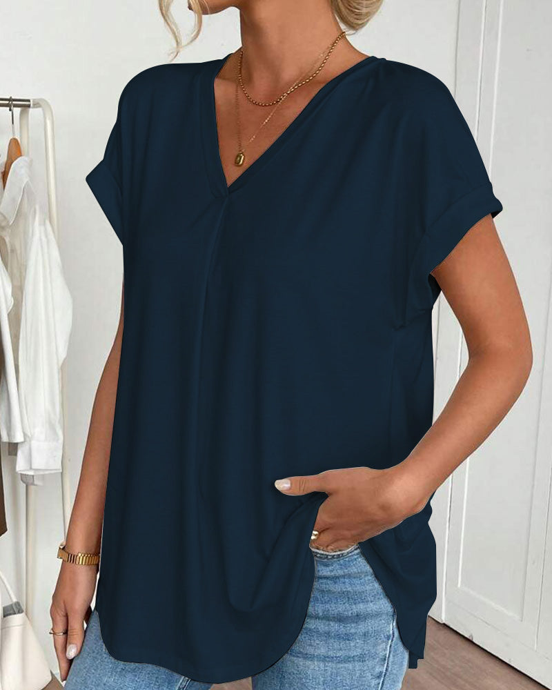 Vera Short Sleeve Patchwork T-Shirt with V-Neck