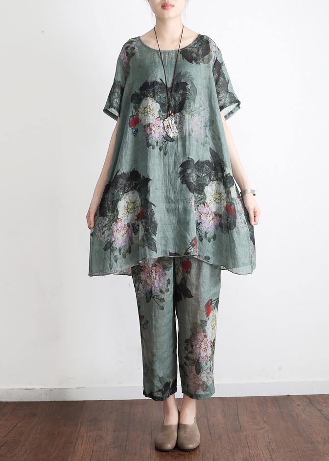 Green Linen Print Two-Piece Set