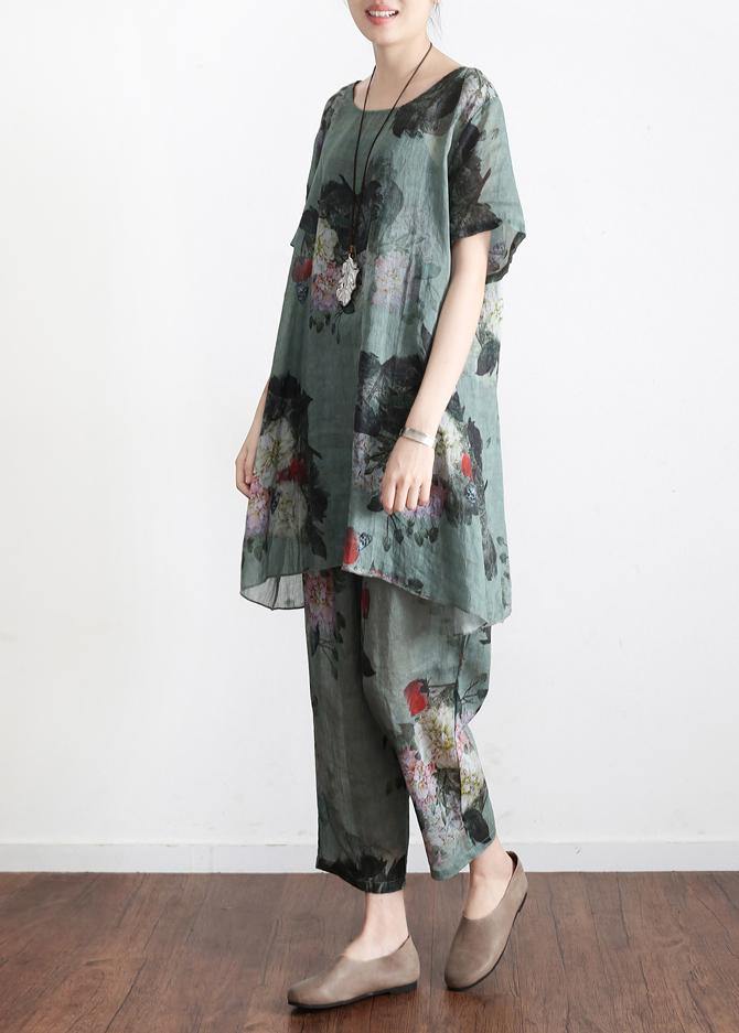 Green Linen Print Two-Piece Set