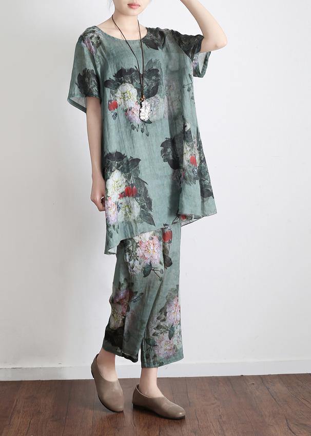 Green Linen Print Two-Piece Set