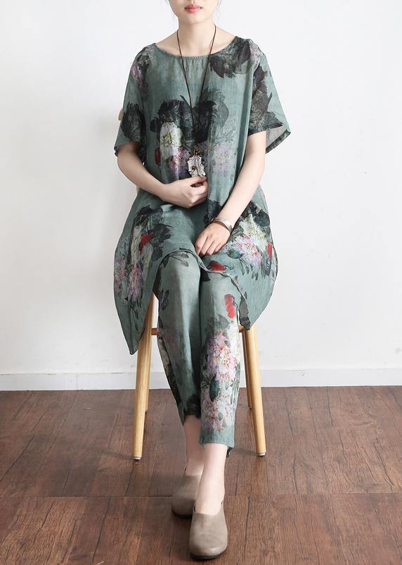 Green Linen Print Two-Piece Set