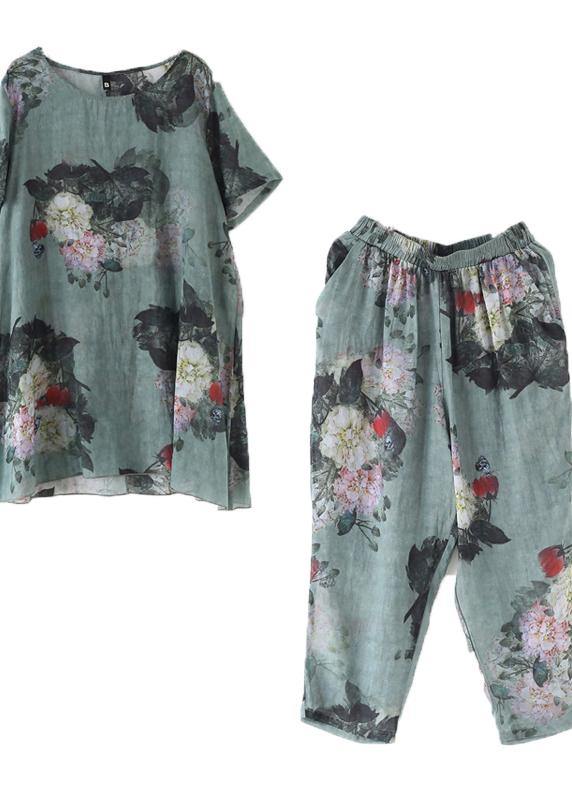 Green Linen Print Two-Piece Set