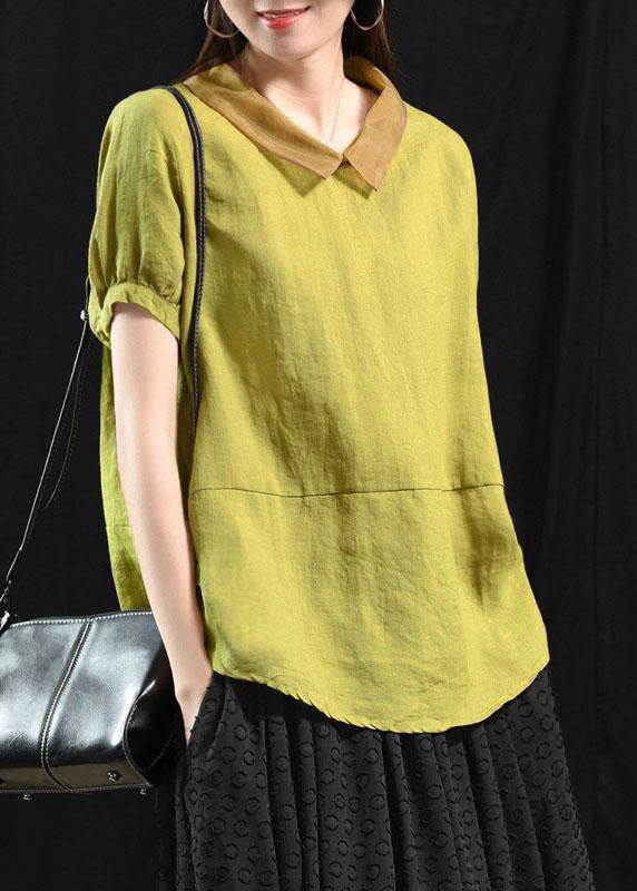 Bohemian Khaki Patchwork Collared Summer Short Sleeve Top