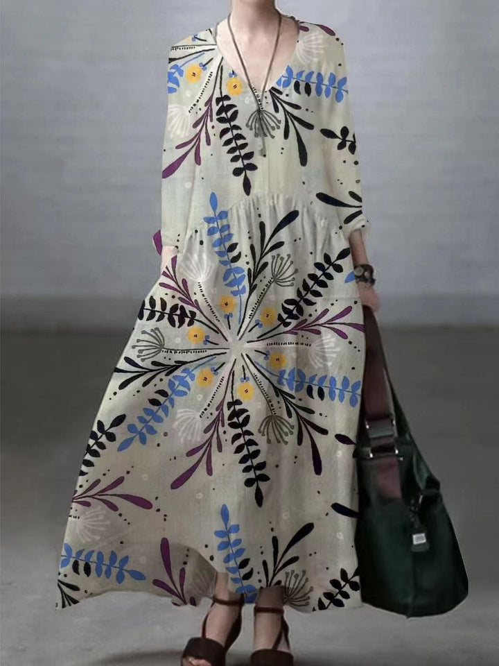 Simple and Casual Dress Made of Cotton and Linen with V-Neck