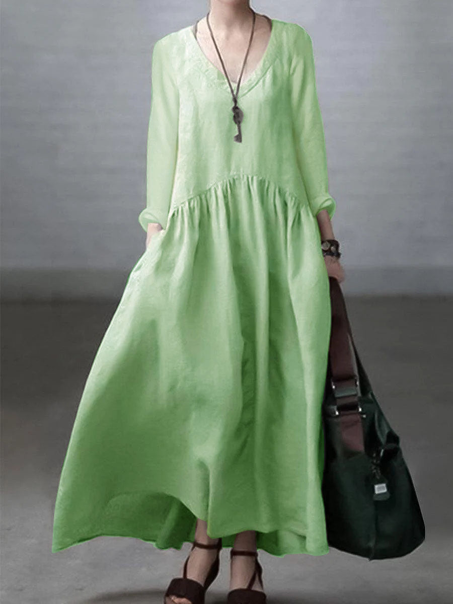 Simple and Casual Dress Made of Cotton and Linen with V-Neck