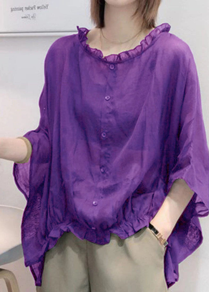 Art Navy Tops Ruffle Trim Half Sleeve Blouse Plus Size