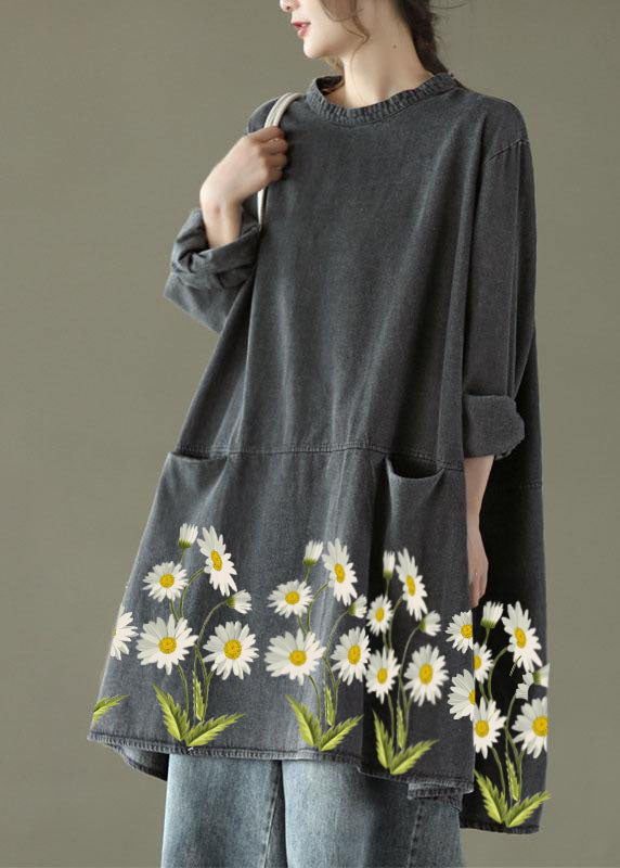 Boho Black Gray O-Neck Pocket Denim Long Dresses Long Sleeve