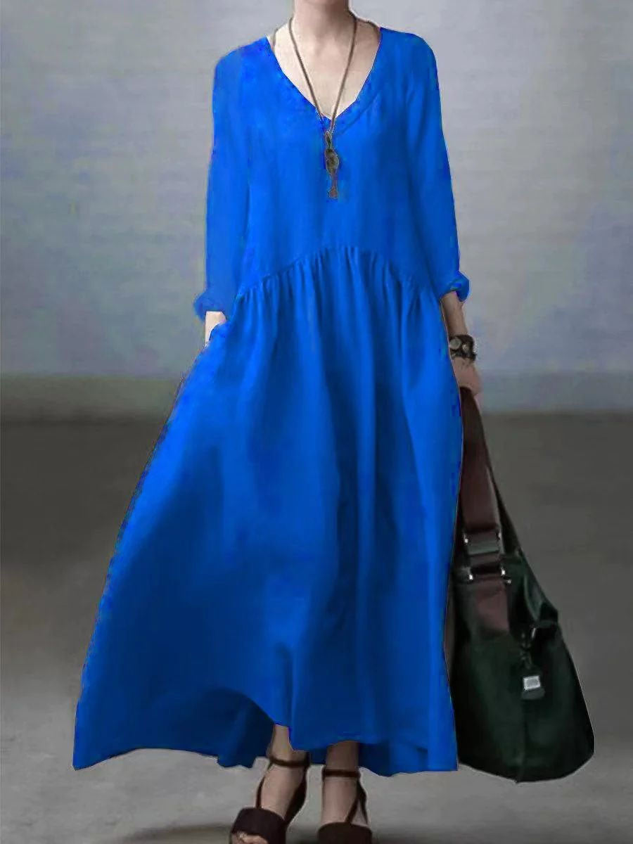 Simple and Casual Dress Made of Cotton and Linen with V-Neck