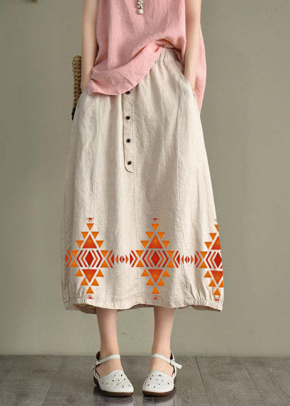 Khaki Linen Elastic Waist Skirt