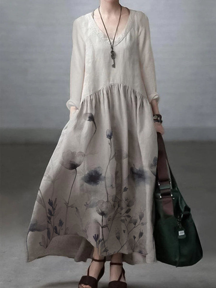 Simple and Casual Dress Made of Cotton and Linen with V-Neck