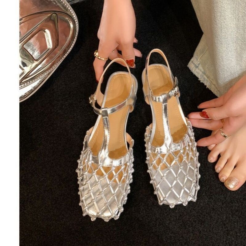 Silver Hollow Buckle Strap Sandals