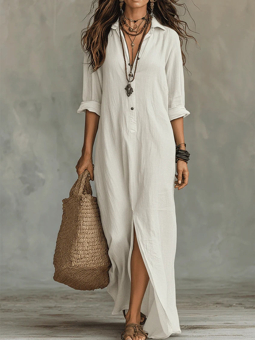 Soline Button V-Neck Maxi Dress