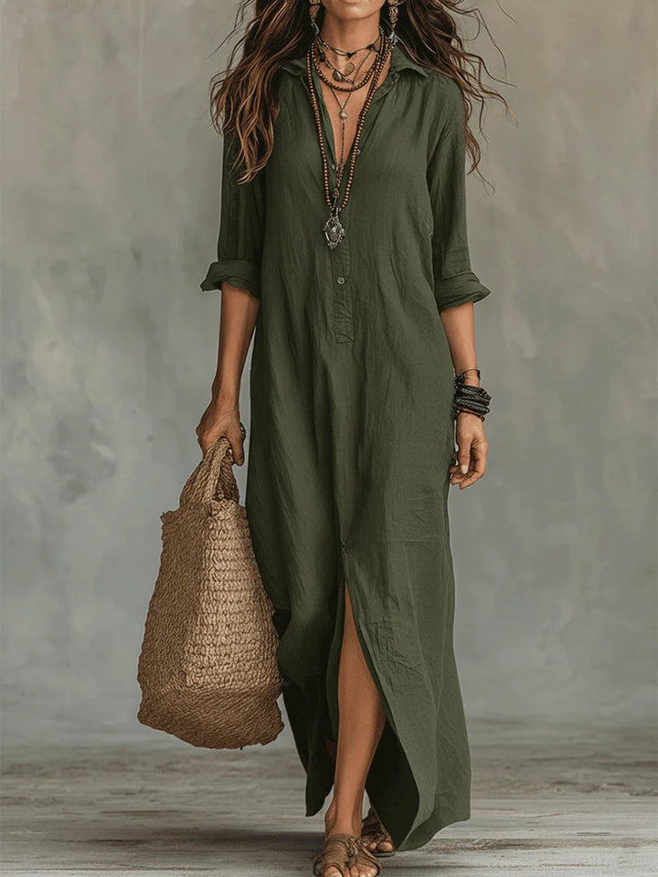 Soline Button V-Neck Maxi Dress