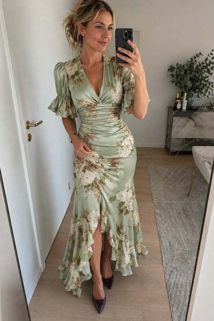 Lucía Asymmetrical Floral Satin Dress