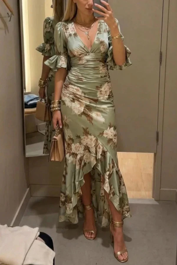 Lucía Asymmetrical Floral Satin Dress