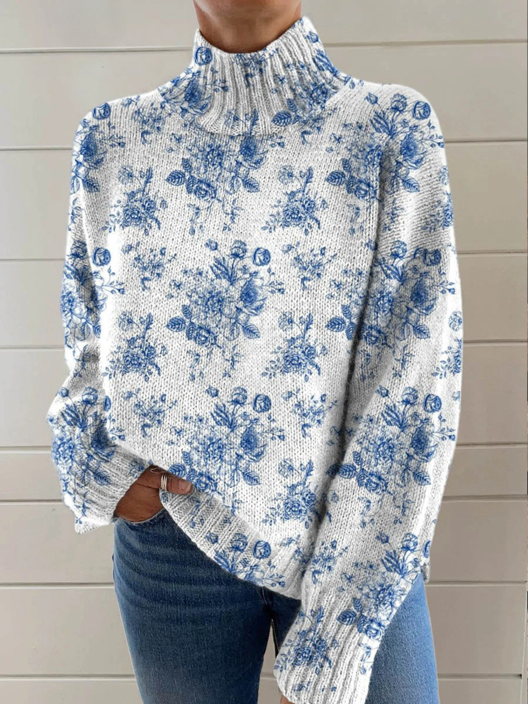Hilda | Blue Flower Turtleneck Sweater in Rib