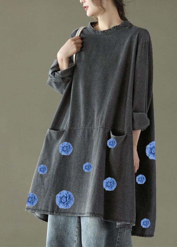 Boho Black Gray O-Neck Pocket Denim Long Dresses Long Sleeve