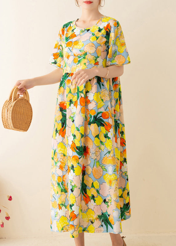 Yellow Print O-Neck Linen Tunic Dress