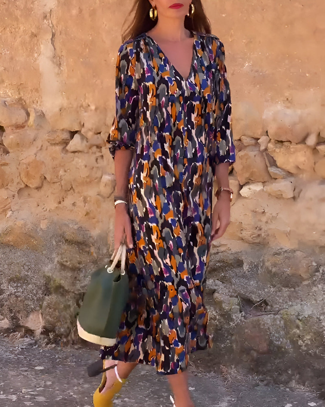 Retro Print V-Neck Dress