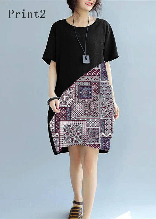 Black Patchwork Linen Animal Print Dress