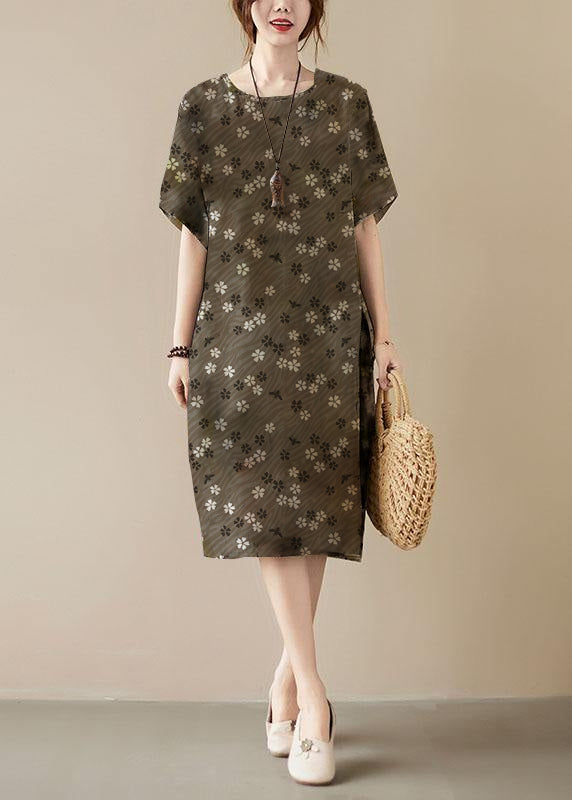 Khaki Print O-Neck Pocket Maxi Dress