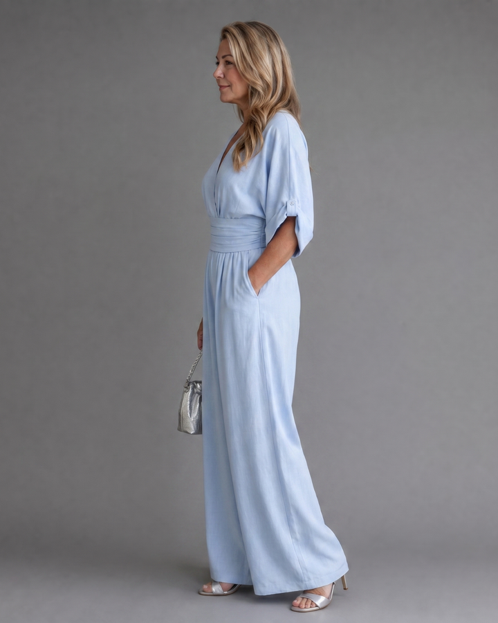 Emene | Draped V-Neck Wide-Leg Casual Jumpsuit