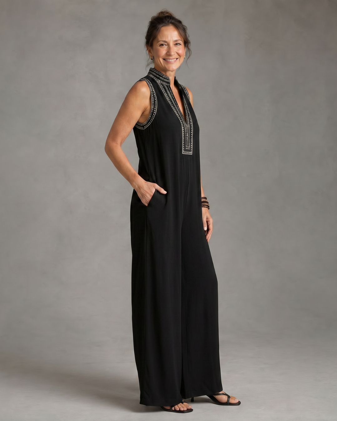 Velmira | Embroidered V-Neck Sleeveless Jumpsuit with Wide Leg