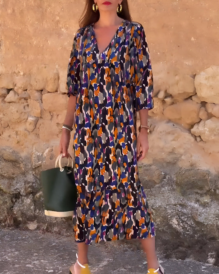 Retro Print V-Neck Dress