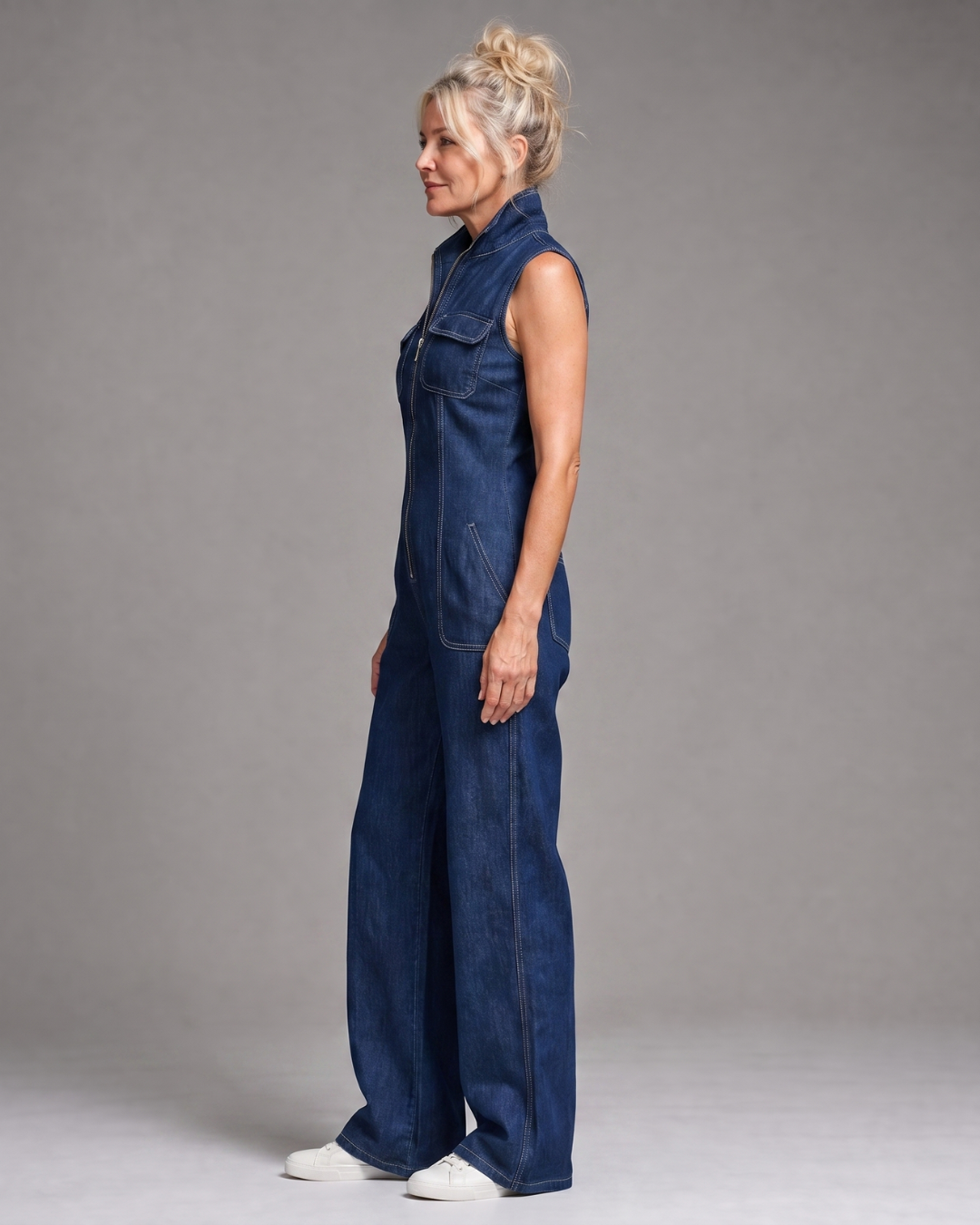 Samantha | Zipper Front Sleeveless Denim Wide-Leg Jumpsuit