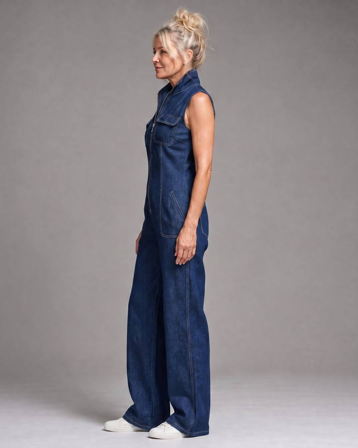 Samantha | Zipper Front Sleeveless Denim Wide-Leg Jumpsuit